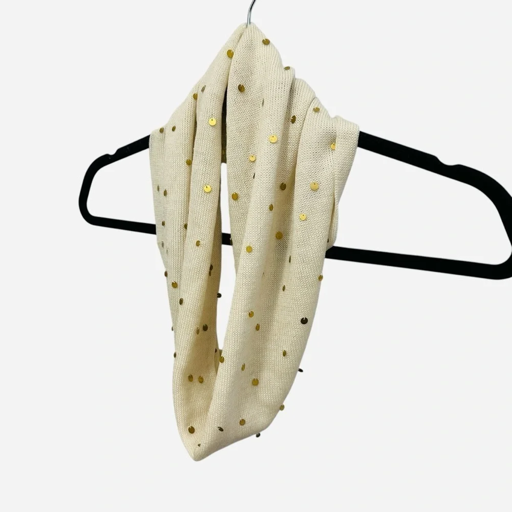 Coldwater Creek NWT cream wool blend infinity scarf with gold metallic sequins